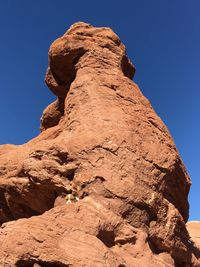 Low angle view of rock formation against clear blue sky