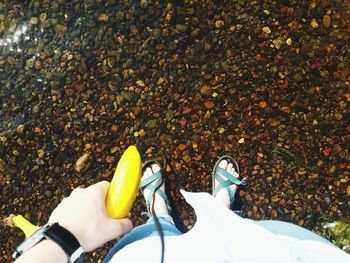 Low section of man holding banana while standing on stones in water