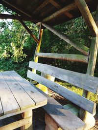 High angle view of bench in park