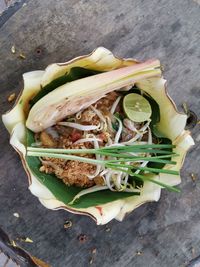 High angle view of food in plate on table