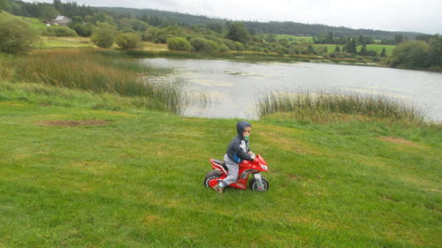 Rear view of man riding bicycling on grassy field