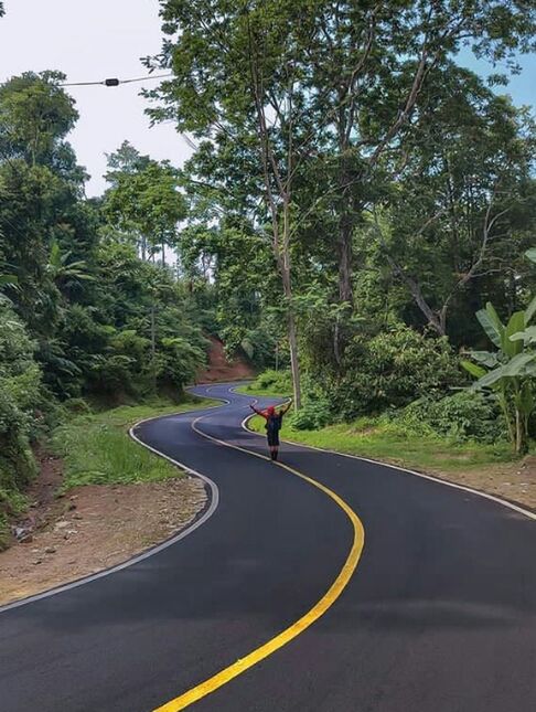 tree, road, transportation, plant, lane, sports, asphalt, one person, infrastructure, road surface, nature, day, sign, leisure activity, full length, lifestyles, tarmac, road marking, symbol, highway, adult, curve, outdoors, marking, green, forest, bicycle, activity, travel, cycling, city, mode of transportation, motion, men, street, the way forward, riding, vehicle