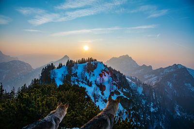 Scenic view of snowcapped mountains against sky during sunset