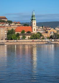 Budapest, hungary 18.08.2021. buda town architecture and danube river on a sunny summer morning