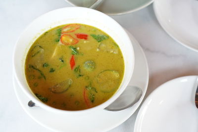 High angle view of soup in bowl on table