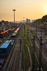 High angle view of railroad tracks against sky during sunset