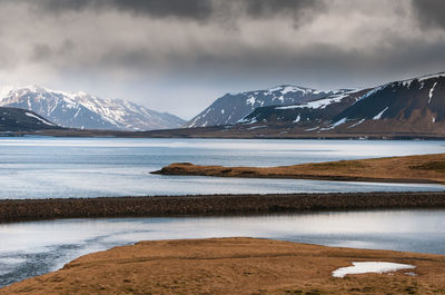 Landscape with frozen lake and mountains covered in snow  in iceland in wintertime.