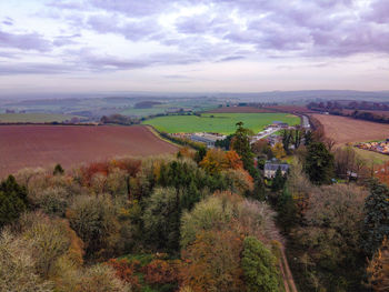 High angle view of trees on field against sky