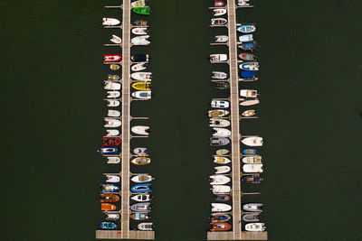 High angle view of boats moored in river