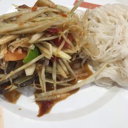 Close-up of noodles served in plate