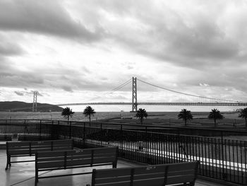 View of suspension bridge against cloudy sky