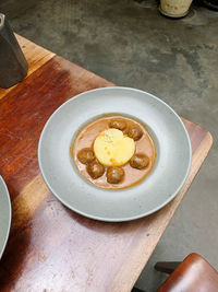 High angle view of food in plate on table