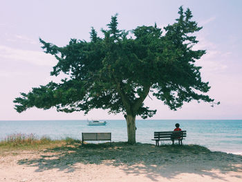 Man sitting on beach against sky