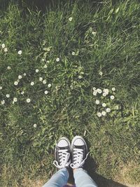 Low section of woman standing on grassy field