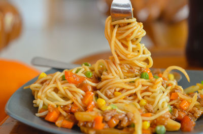 Close-up of noodles served in plate