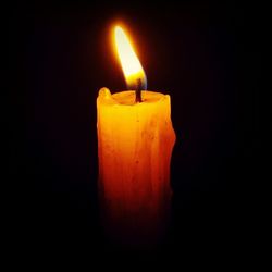 Close-up of lit candle in dark room