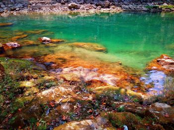 High angle view of lake amidst rocks