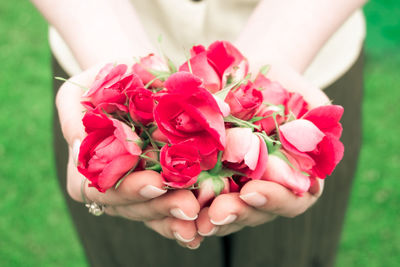 Close-up of hand holding rose bouquet