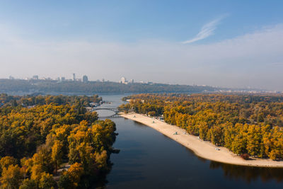 Air view of trukhanov island park in kiev and the right bank of kiev in autumn