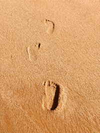 High angle view of footprints on sand