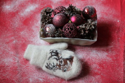 High angle view of strawberries on table