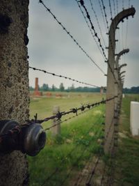 Close-up of barbed wire against sky