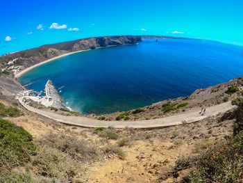 Scenic view of sea against clear blue sky