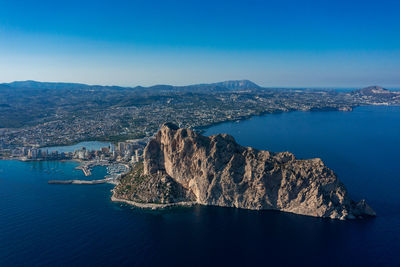 Aerial view breathtaking penyal difac natural park of penon de ifach . costa blanca spain