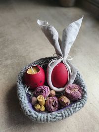 High angle view of multi colored eggs on table