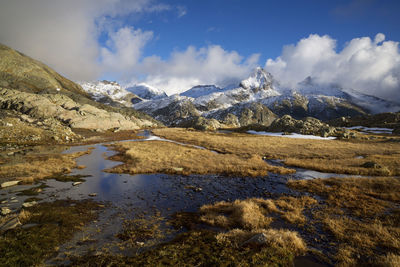 Scenic view of snowcapped mountains against sky