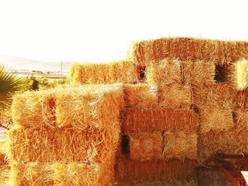 Hay bales on field against clear sky