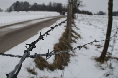 Close-up of barbed wire fence on field during winter