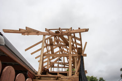 Low angle view of crane against sky