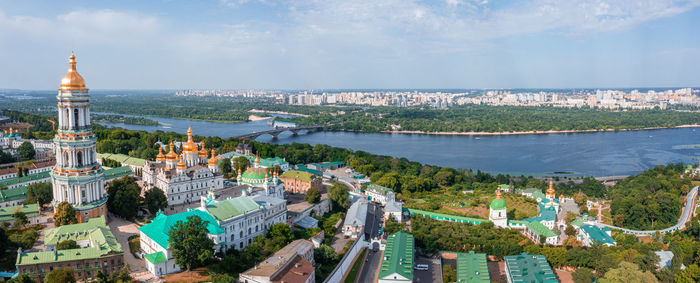 Magical aerial view of the kiev pechersk lavra near the motherland monument.