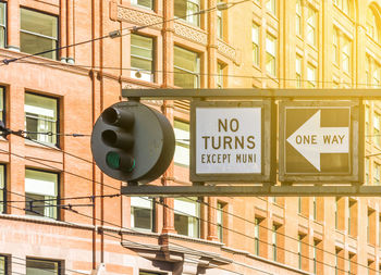 Low angle view of road sign against building