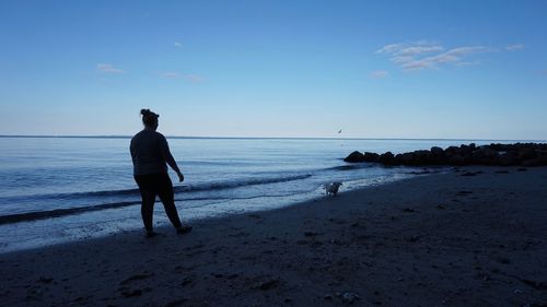 Rear view of silhouette man standing on beach against sky