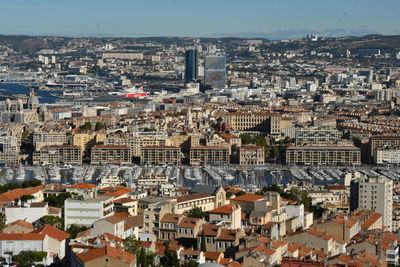 High angle shot of townscape against sky