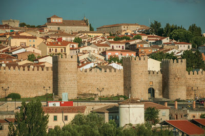 High angle view of residential buildings in town