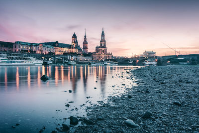 Elbe river with buildings reflection during sunset