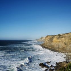 Scenic view of sea against clear blue sky