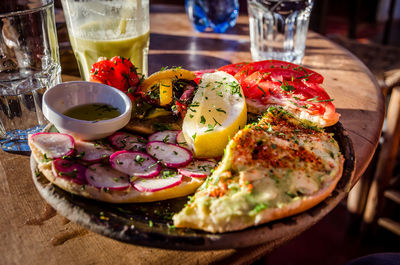 High angle view of breakfast served on table