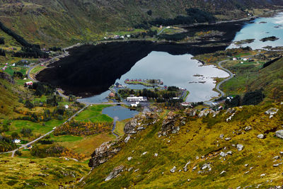 High angle view of village at the sea and mountains on lofoten islands in norway