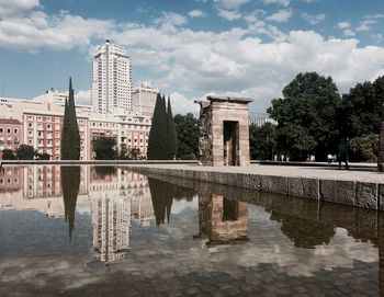 Reflection of buildings in pool