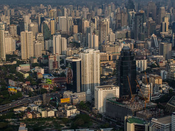 High angle view of modern buildings in city