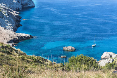 High angle view of sailboat on sea