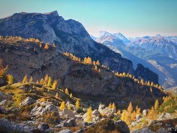 Scenic view of rocky mountains against sky