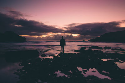 Rear view of silhouette man standing at beach during sunset