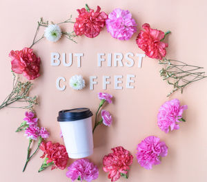 Flowers with text on table