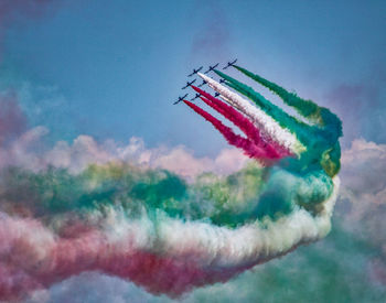 Tilt image of airplane flying in sky