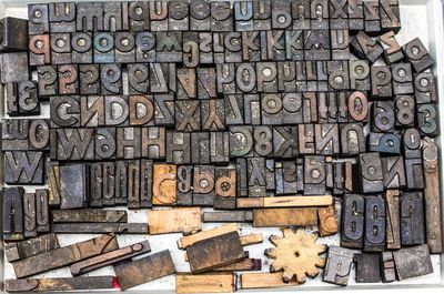 High angle view of wooden alphabets